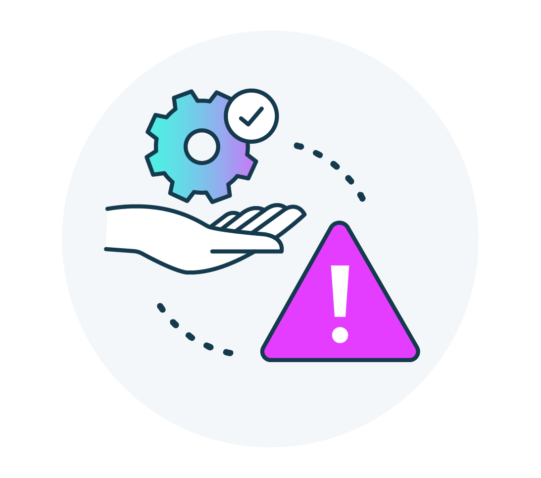 an icon with a warning sign and a hand with a gear icon