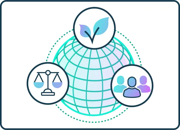 a globe with scales, a leaf and users