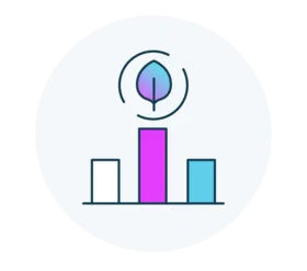 an icon with a bar chart and a leaf